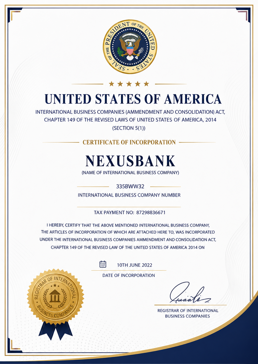 NexusBank official registration certificate